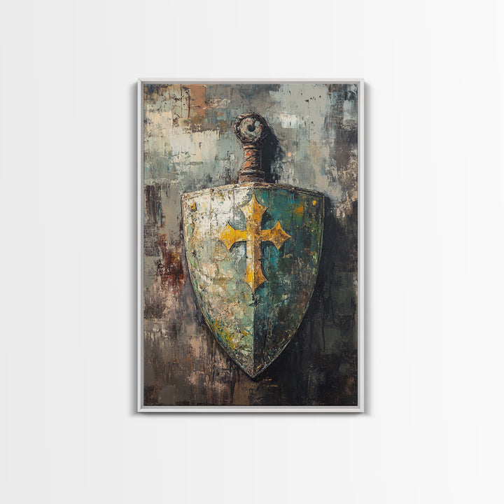 Medieval Shield And Sword Wall Art, Gothic Framed Canvas Print, Fantasy Decor, Knight Armor Gift For Him Home Office Man Cave Decor