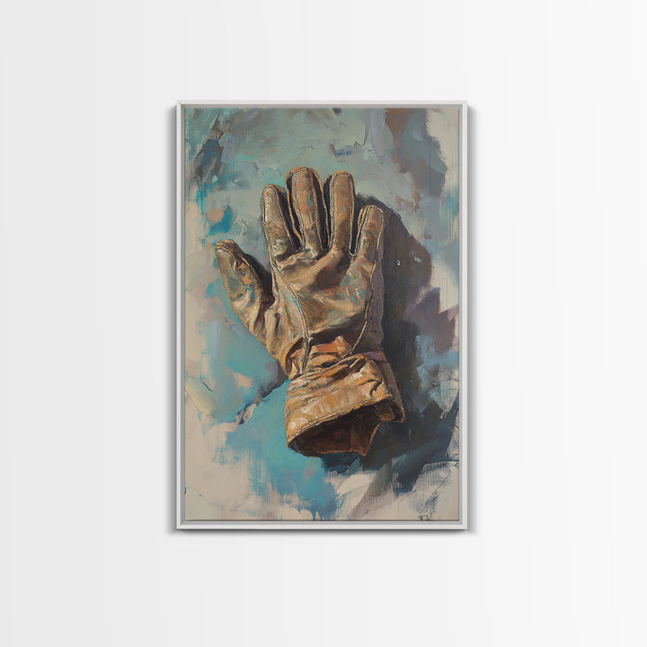Weathered Leather Work Glove Framed Canvas Print, Rustic Masculine Wall Art, Farmhouse Office Decor, Industrial Decor, Gift For Him