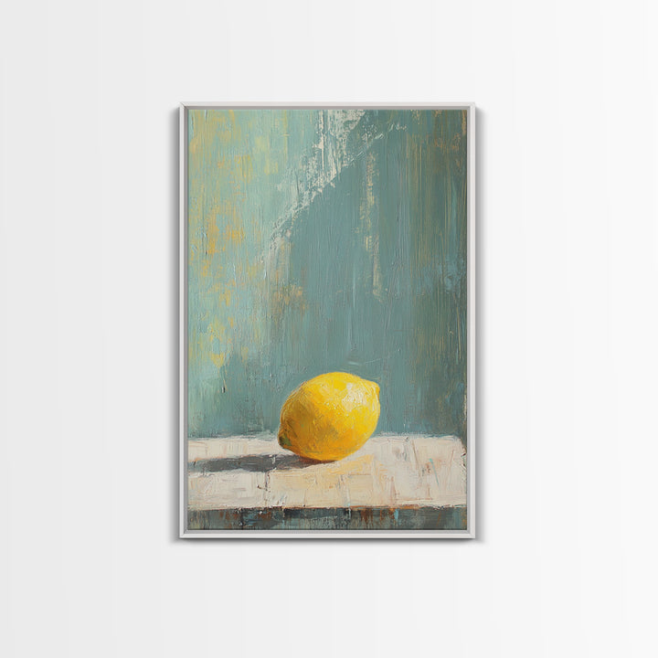 Single Yellow Lemon Still Life Wall Art, Minimalist Kitchen Decor, Neutral Canvas Wall Art, Rustic Farmhouse Art Print Gift