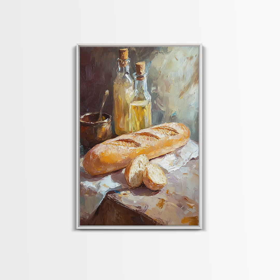 Rustic Baguette And Olive Oil Still Life Canvas Print, French Kitchen Wall Art, Bakery Decor, Food Lover Housewarming Gift