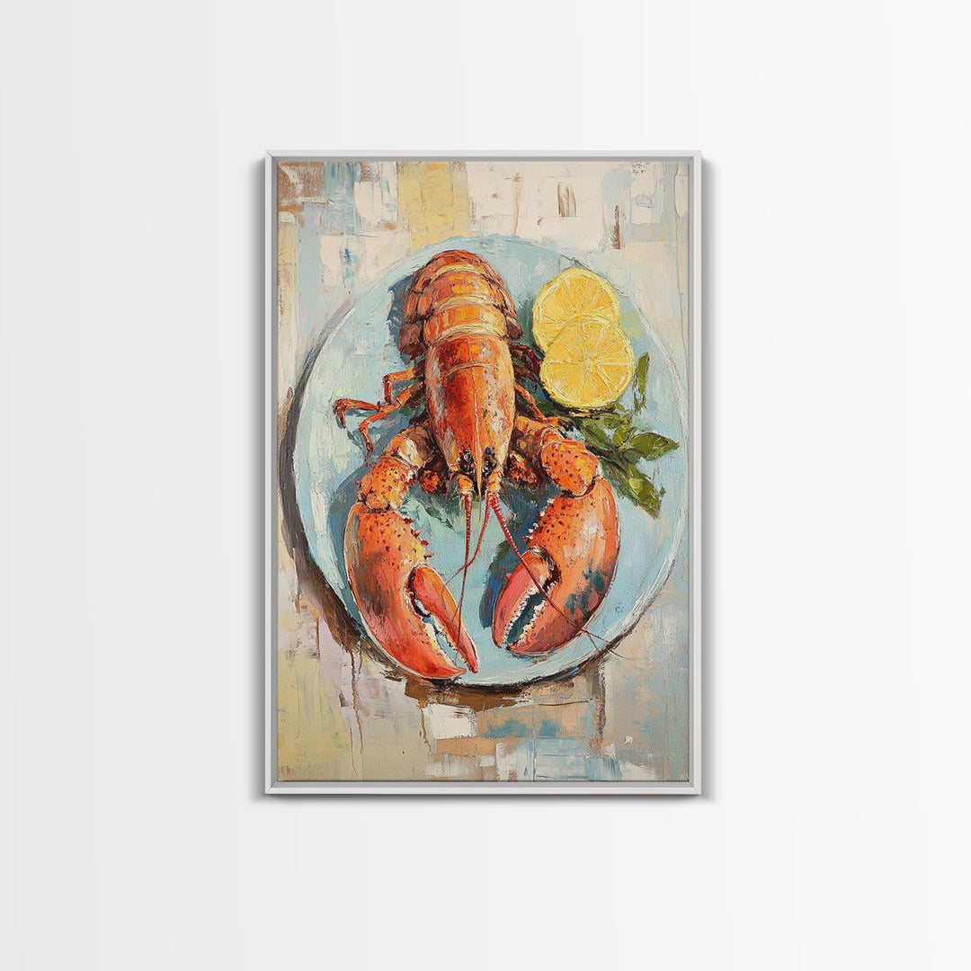 Red Lobster With Lemon Seafood Wall Art, Coastal Kitchen Decor, Nautical Canvas Print, Beach House Decor Gift For Food Lover
