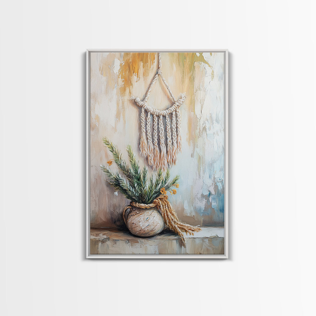 Macrame Hanging With Potted Greenery Wall Art, Boho Wall Decor, Neutral Rustic Home Decor, Wabi Sabi Housewarming Gift For Her