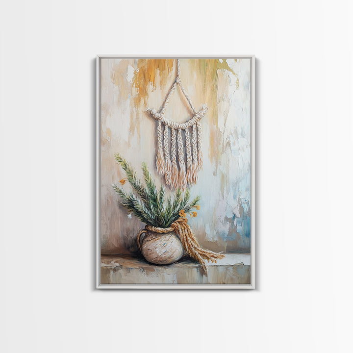 Macrame Hanging With Potted Greenery Wall Art, Boho Wall Decor, Neutral Rustic Home Decor, Wabi Sabi Housewarming Gift For Her
