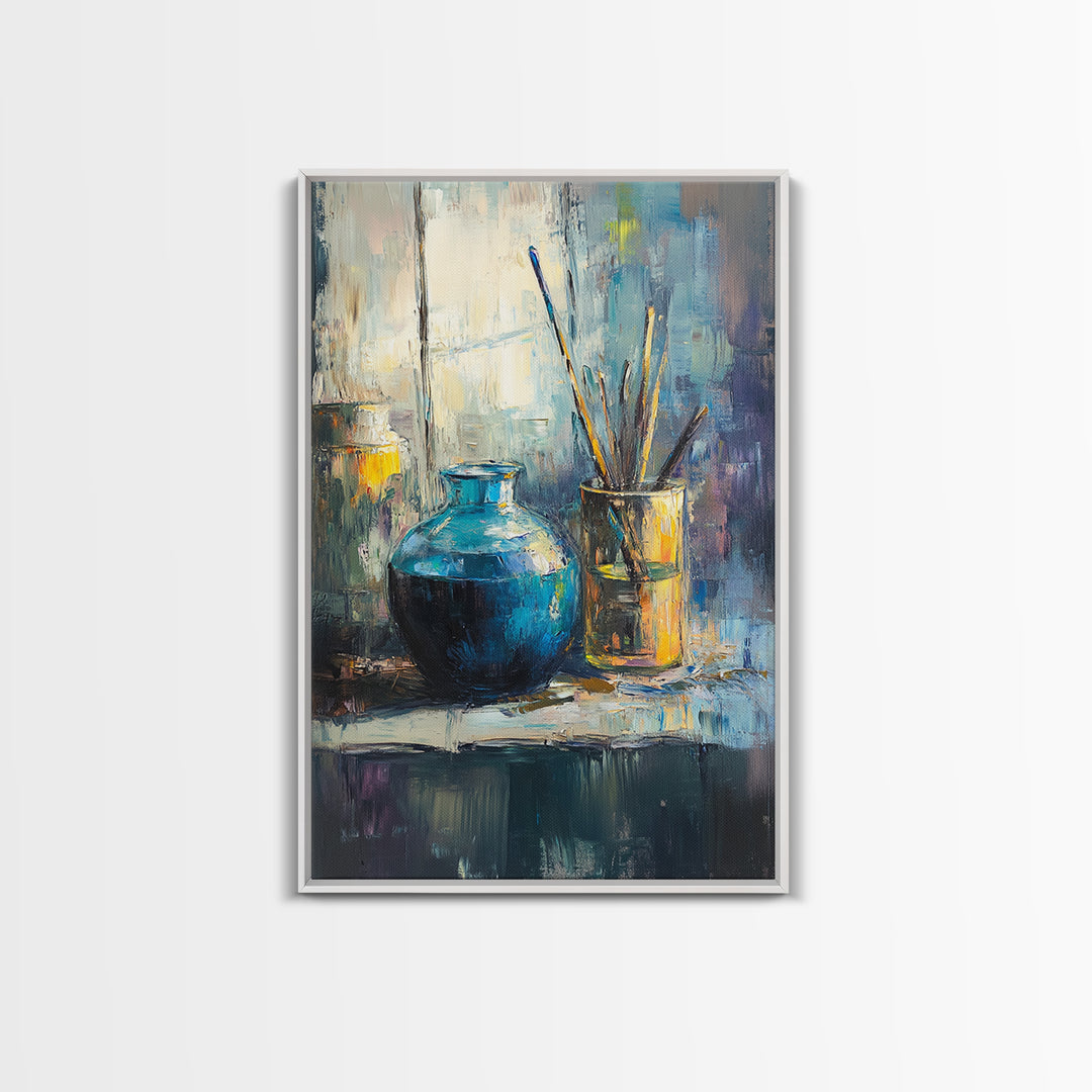 Blue Ceramic Vase With Artist Brushes Wall Art, Textured Still Life Oil Painting, Modern Home Decor, Living Room Art Print