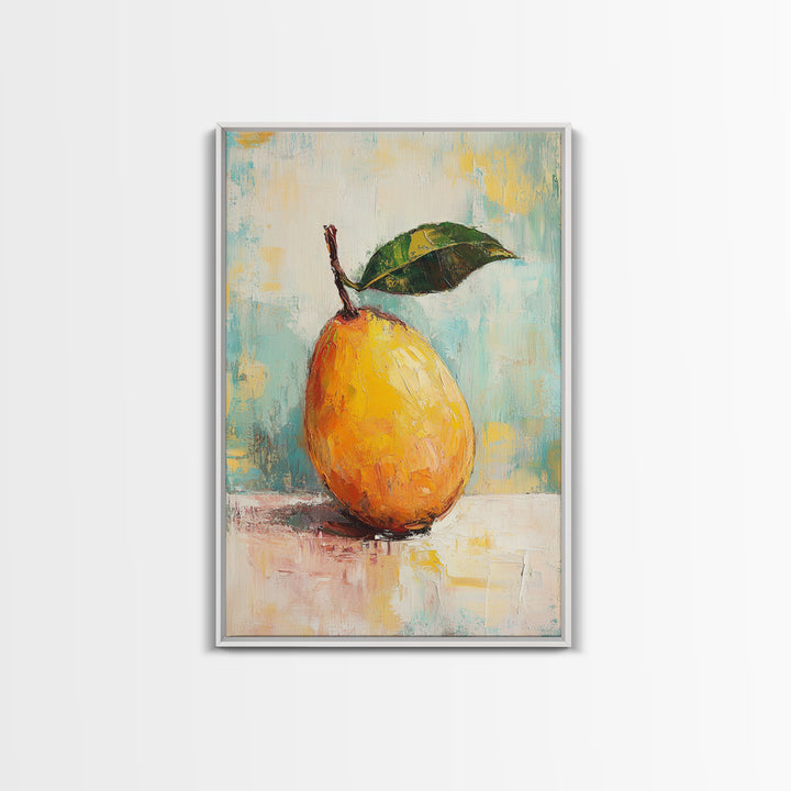 Golden Pear With Green Leaf Wall Art, Textured Fruit Still Life Oil Painting, Kitchen Wall Art, Farmhouse Home Decor, Dining Room Print