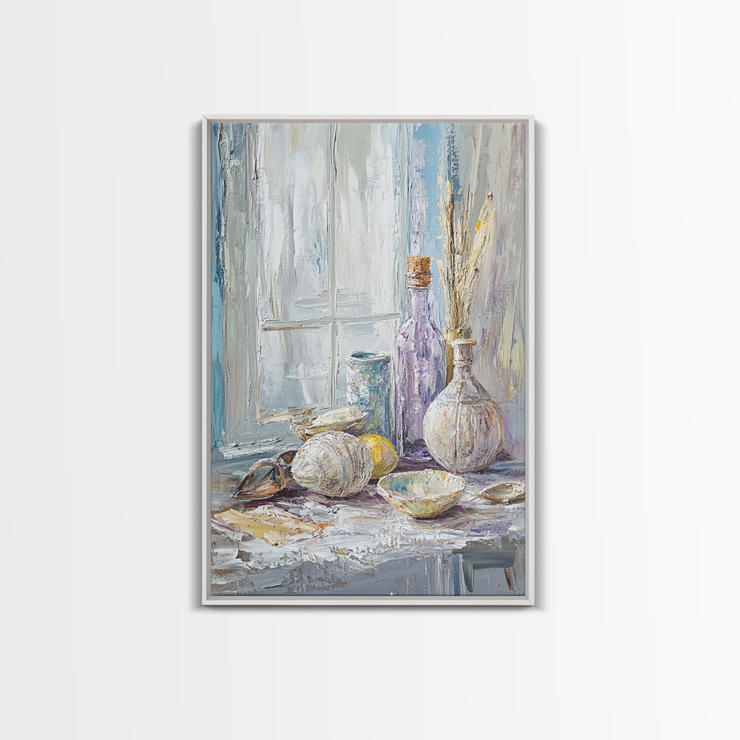 Seashells And Purple Bottle By Window Wall Art, Coastal Still Life Oil Painting, Beach House Decor, Neutral Wall Decor, Bathroom Art