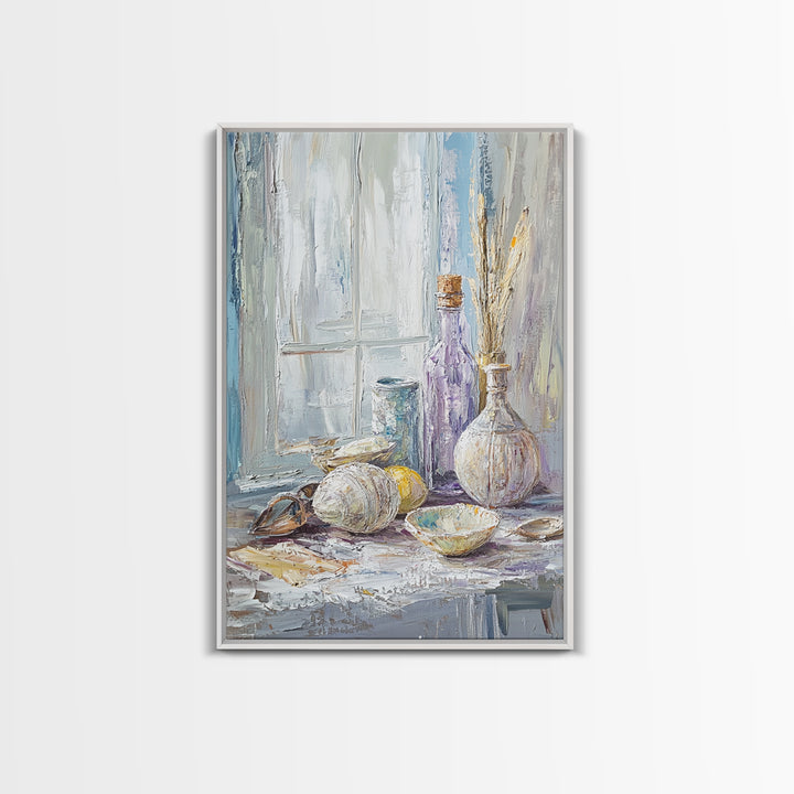 Seashells And Purple Bottle By Window Wall Art, Coastal Still Life Oil Painting, Beach House Decor, Neutral Wall Decor, Bathroom Art