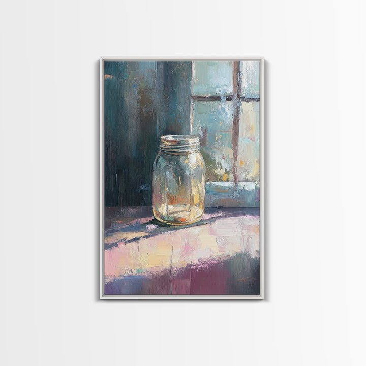 Sunlit Mason Jar On Windowsill Canvas Print, Minimalist Still Life Oil Painting, Rustic Kitchen Decor, Farmhouse Wall Art