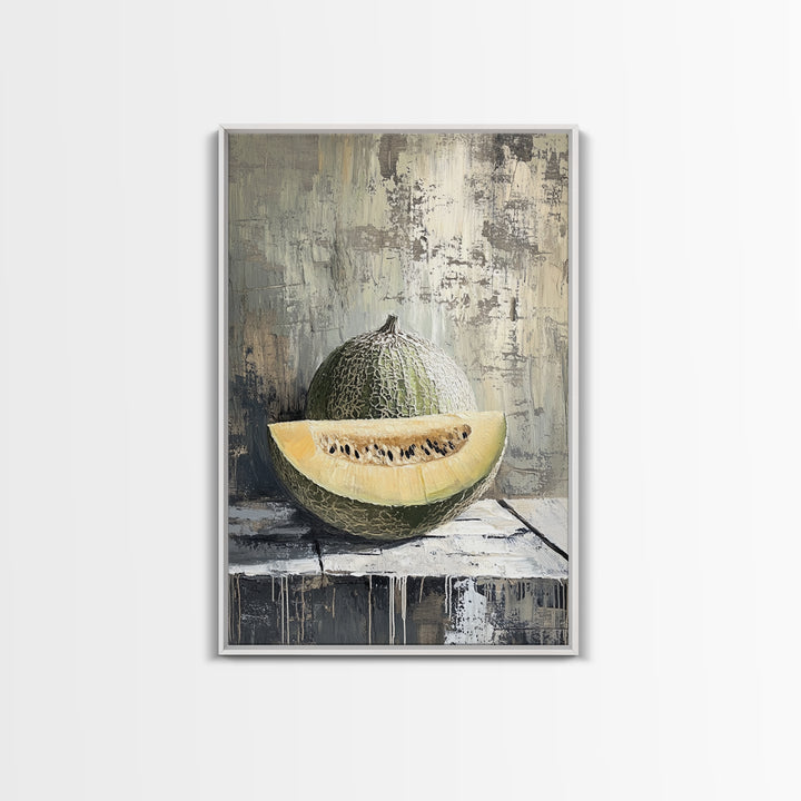 Cantaloupe Melon Still Life Wall Art, Rustic Kitchen Decor, Fruit Painting Print, Farmhouse Dining Room Art For Home Decor