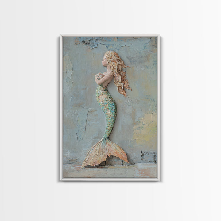 Textured Mermaid Figure Wall Art, Coastal Fantasy Decor, Nautical Canvas Print, Whimsical Ocean Art, Beach House Decor Gift