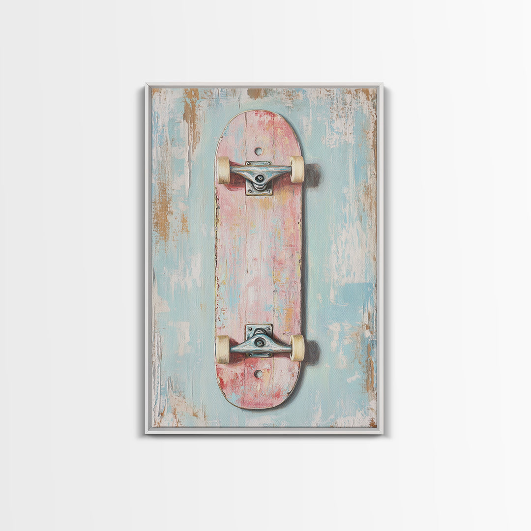 Pastel Pink Skateboard On Distressed Blue Wall Art, Retro Sport Decor, Skater Gift, Trendy Canvas Print For Kids Room Decor