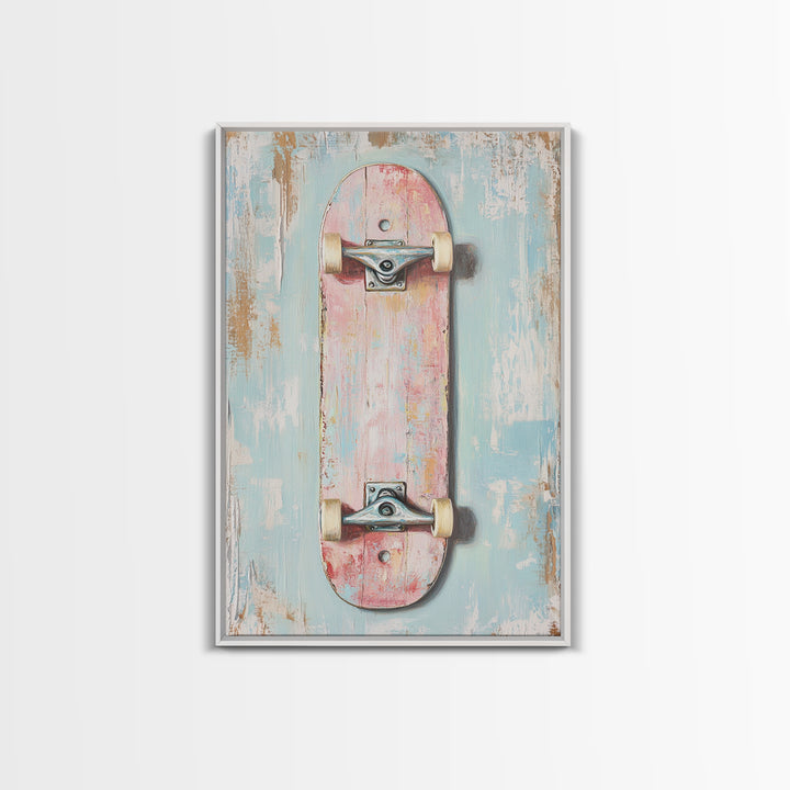 Pastel Pink Skateboard On Distressed Blue Wall Art, Retro Sport Decor, Skater Gift, Trendy Canvas Print For Kids Room Decor