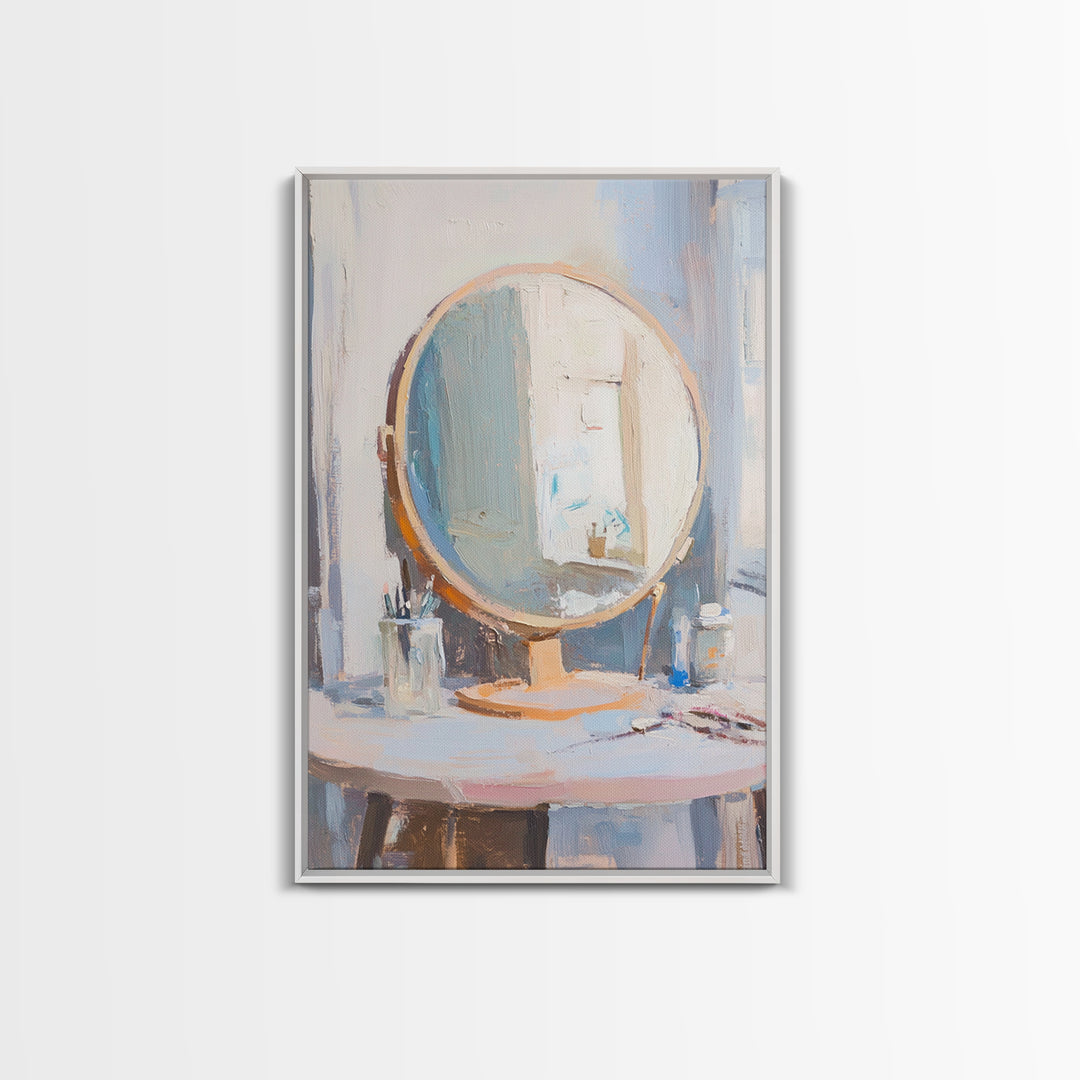 Soft Sunlit Vanity Mirror Still Life Wall Art, Feminine Bedroom Decor, Beauty Room Art, Neutral Framed Canvas Print For Modern Home Decor