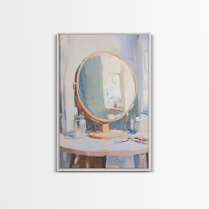 Soft Sunlit Vanity Mirror Still Life Wall Art, Feminine Bedroom Decor, Beauty Room Art, Neutral Framed Canvas Print For Modern Home Decor