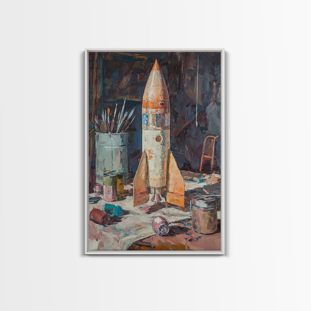 Weathered Toy Rocket In Artist Studio Wall Art, Retro Space Decor, Sci Fi Art Print, Bold Framed Canvas Print For Kids Room