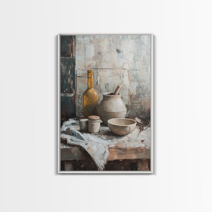 Rustic Pottery Bowl And Olive Bottle Wall Art, Neutral Kitchen Still Life Painting, Farmhouse Framed Canvas Print For Dining Room Decor