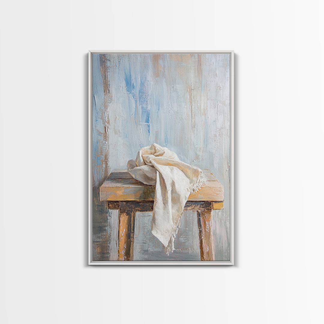 Weathered Wooden Stool With Linen Cloth Canvas Print, Minimalist Rustic Wall Art, Neutral Farmhouse Decor For Bedroom And Living Room
