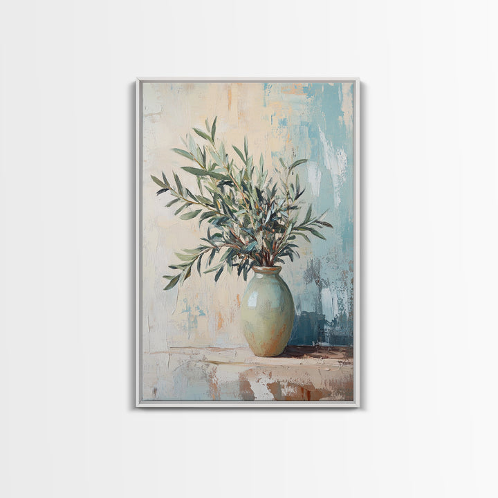 Olive Branches In Ceramic Vase Canvas Print, Mediterranean Botanical Wall Art, Minimalist Kitchen Decor, Neutral Home Decor