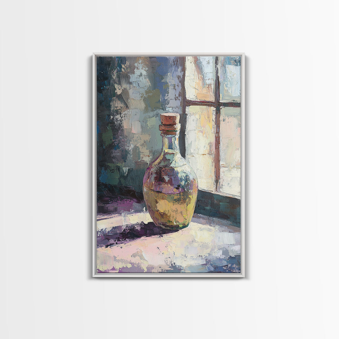 Sunlit Glass Bottle By Window Wall Art, Moody Still Life Painting, Rustic Kitchen Decor, Contemporary Canvas Print For Home