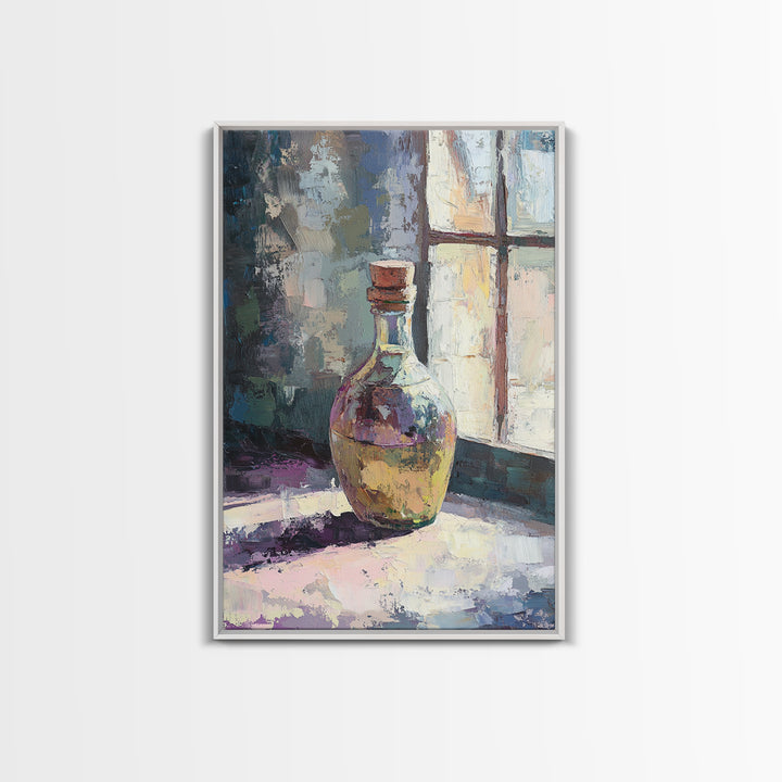 Sunlit Glass Bottle By Window Wall Art, Moody Still Life Painting, Rustic Kitchen Decor, Contemporary Canvas Print For Home