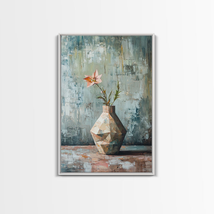 Single Pink Flower In Geometric Vase Canvas Print, Textured Still Life Wall Art For Kitchen Decor And Modern Home Decor Gift