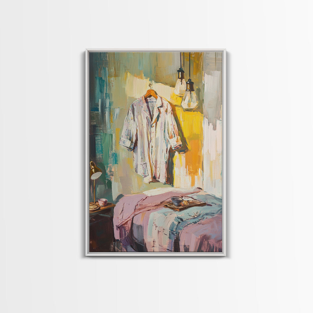 Cozy Bedroom With Hanging Shirt Canvas Print, Warm Guest Room Wall Art, Airbnb Wall Decor And Modern Farmhouse Decor Gift