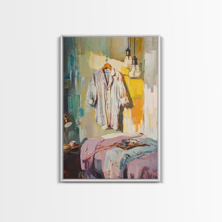 Cozy Bedroom With Hanging Shirt Canvas Print, Warm Guest Room Wall Art, Airbnb Wall Decor And Modern Farmhouse Decor Gift