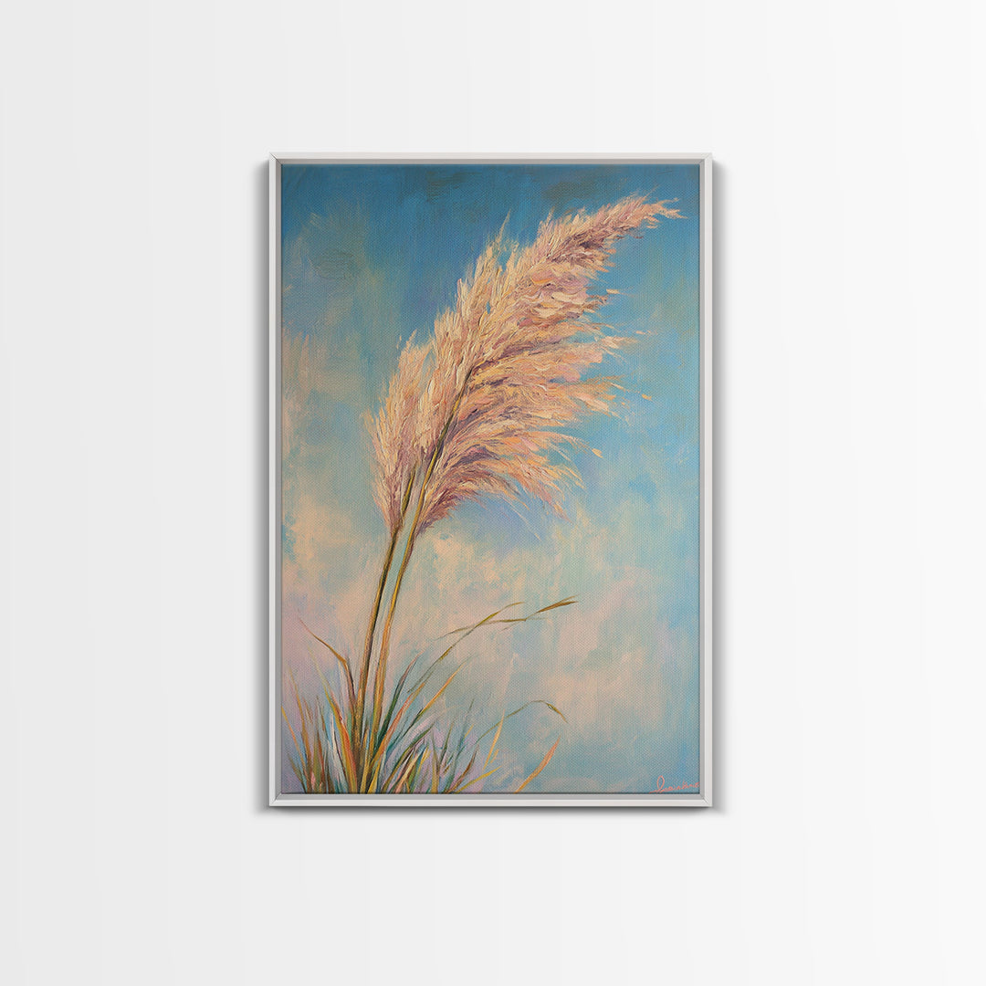 Pink Pampas Grass Against Blue Sky Framed Canvas Print, Coastal Botanical Wall Art For Boho Bedroom Decor And Nature Gift