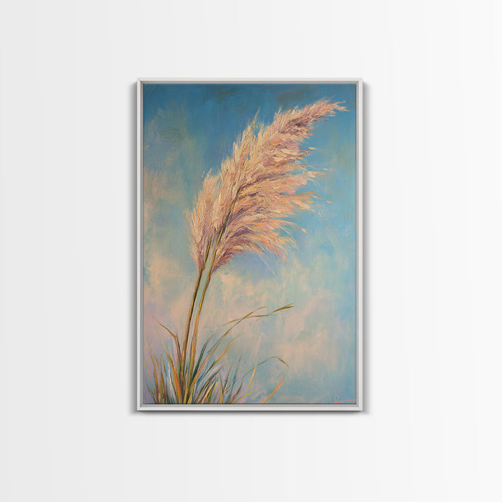 Pink Pampas Grass Against Blue Sky Framed Canvas Print, Coastal Botanical Wall Art For Boho Bedroom Decor And Nature Gift