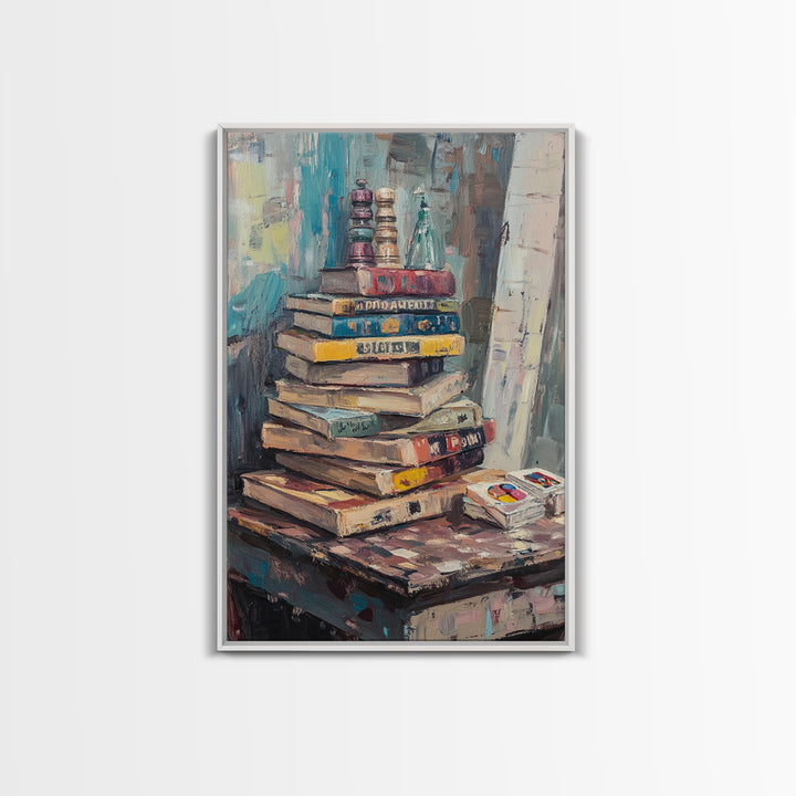 Stack Of Weathered Books Canvas Print, Cozy Library Wall Art For Reading Nook Decor, Book Lover Gift And Office Decor Print