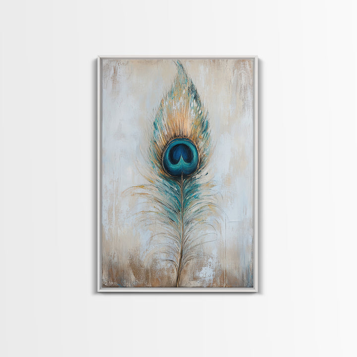 Blue Peacock Feather Wall Art, Boho Bird Feather Canvas Wall Decor, Teal Gold Nature Print, Neutral Living Room Decor, Home Decor