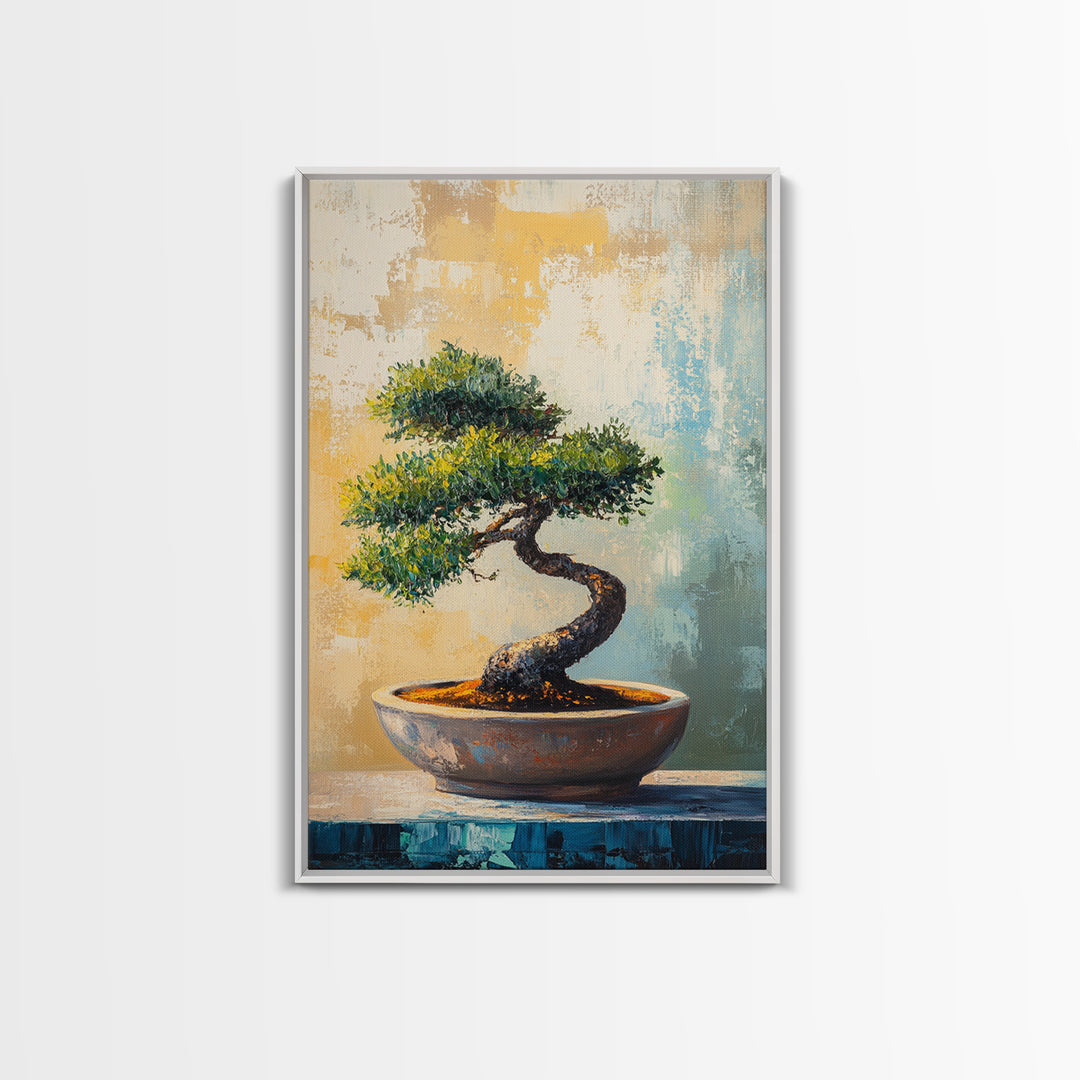Twisted Bonsai Tree In Bowl Framed Canvas Print, Zen Wall Art, Japandi Home Decor, Mindfulness Office Decor Gift For Meditation Room