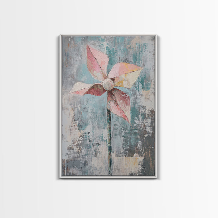 Pink Paper Pinwheel Minimalist Canvas Print, Whimsical Nursery Wall Art, Soft Pastel Playroom Decor Gift For Kids Room Home Decor