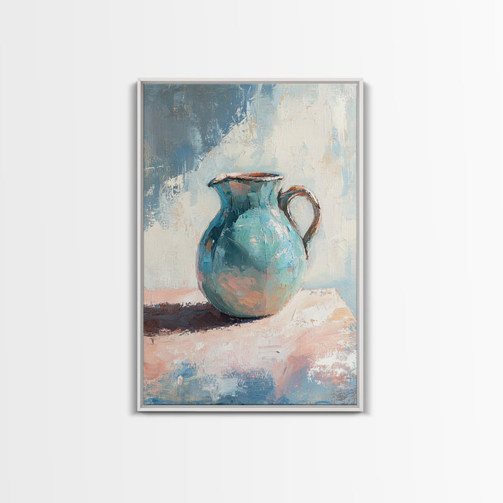 Turquoise Ceramic Pitcher Canvas Print, Rustic Kitchen Wall Art, Coastal Home Decor, Still Life Painting, Gift For Her, Fine Art