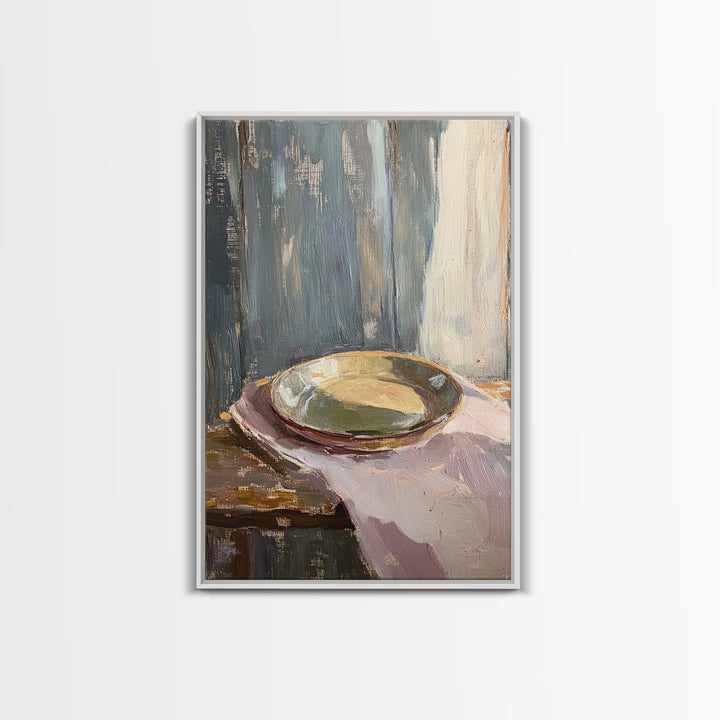 Shallow Ceramic Bowl On Linen Framed Canvas Print, Minimalist Kitchen Wall Art, Neutral Home Decor, Moody Still Life Painting