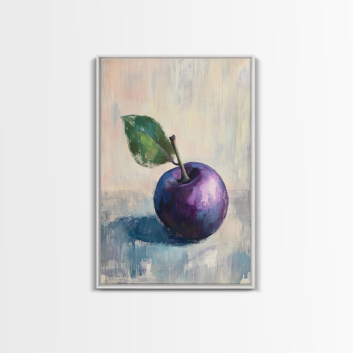 Purple Plum With Green Leaf Canvas Print, Still Life Fruit Art For Kitchen Wall Art, Rustic Farmhouse Home Decor Gift For Her