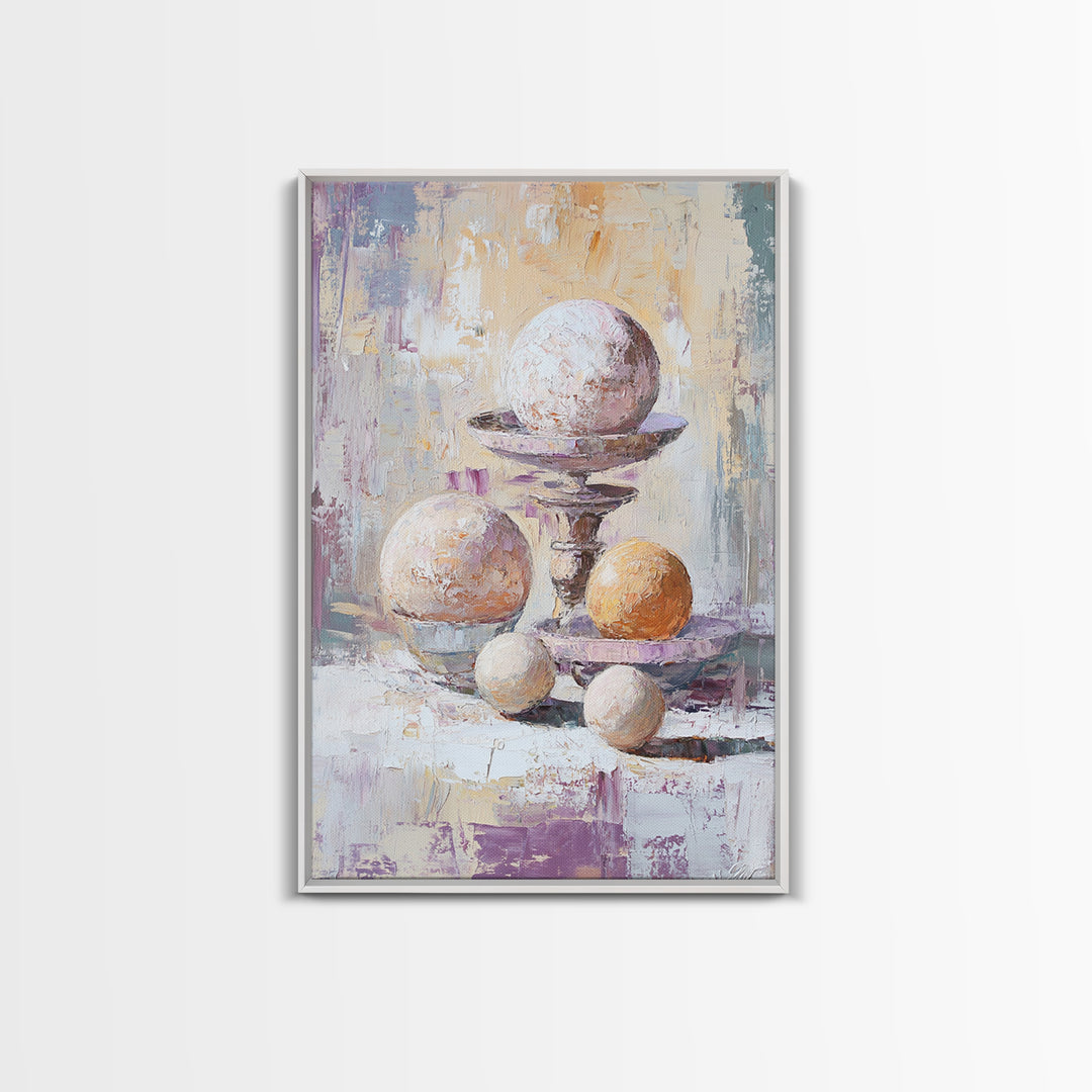 Textured White And Orange Spheres Canvas Print, Abstract Still Life Wall Art, Modern Neutral Decor For Living Room Gift For Her