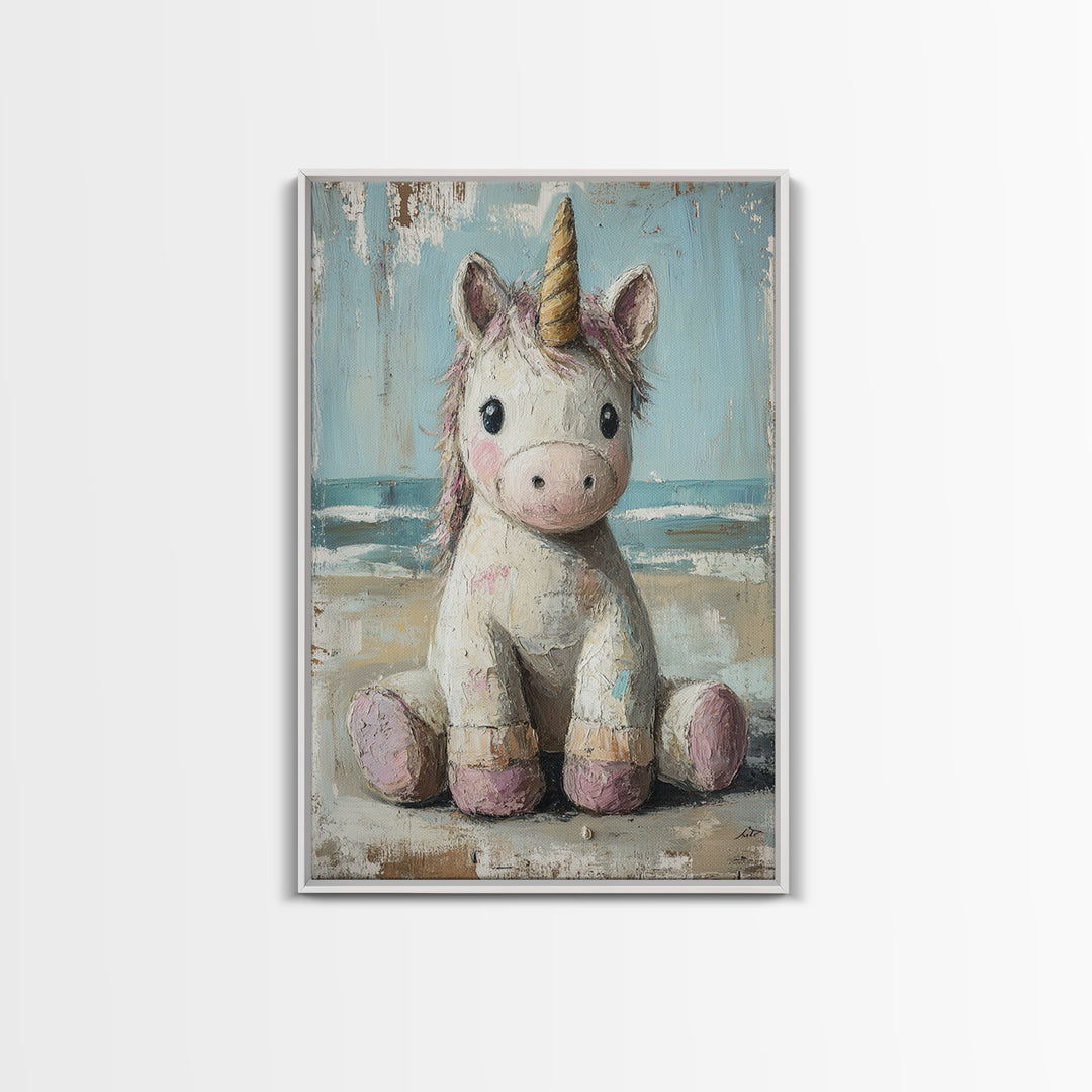 Cute Sitting Unicorn Nursery Wall Art, Whimsical Animal Canvas Print, Girls Room Decor, Magical Baby Shower Gift For Her