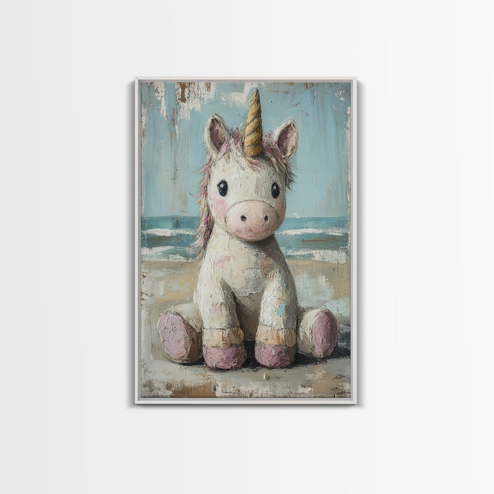 Cute Sitting Unicorn Nursery Wall Art, Whimsical Animal Canvas Print, Girls Room Decor, Magical Baby Shower Gift For Her
