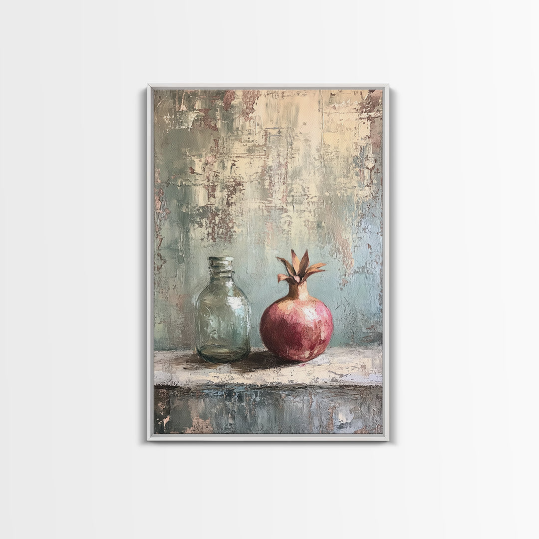 Pomegranate And Glass Bottle Still Life Wall Art, Rustic Fruit Canvas Print, Neutral Kitchen Decor, Housewarming Gift For Her