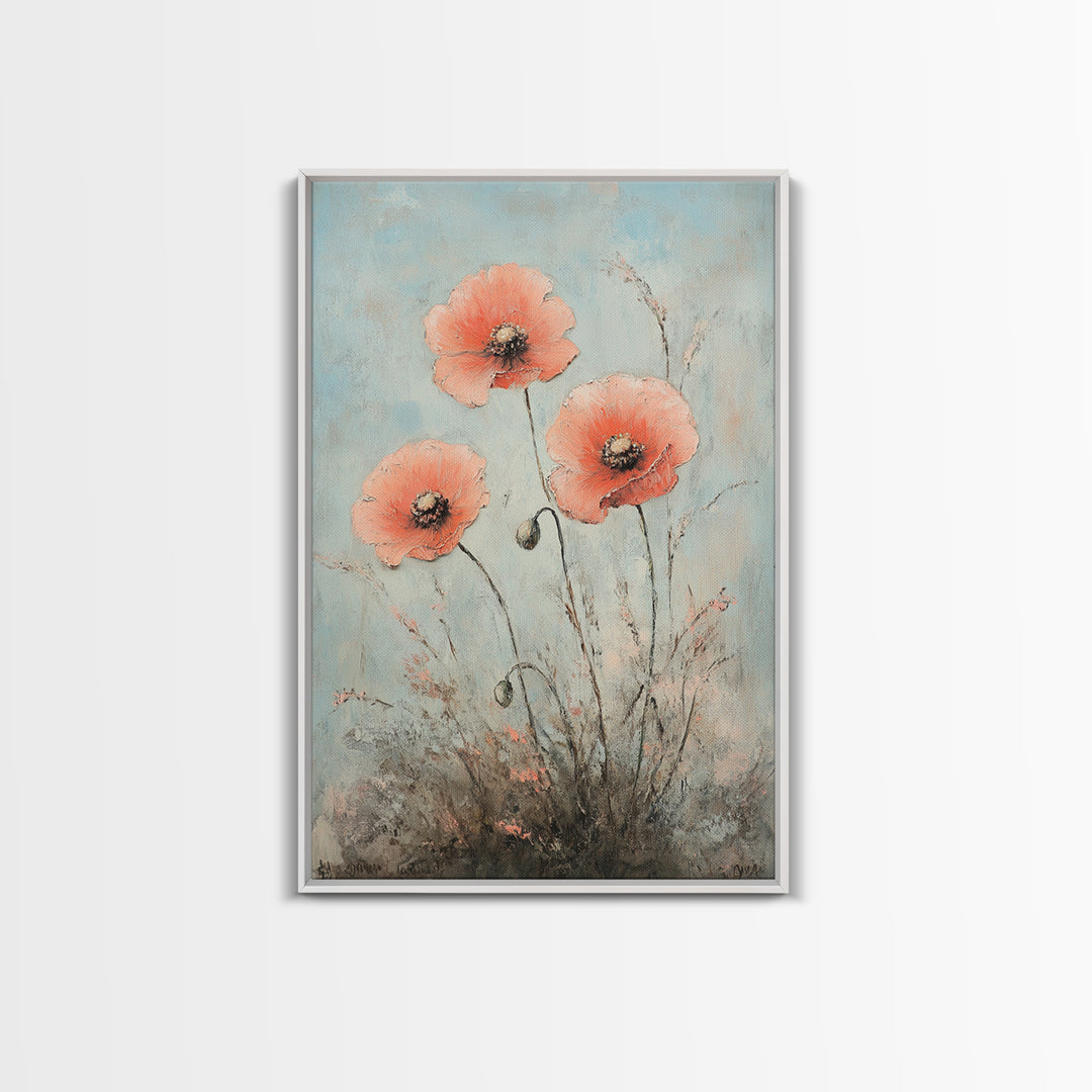 Coral Poppy Flowers On Blue Background Wall Art, Botanical Canvas Print, Floral Wall Decor For Bedroom Home Decor Gift For Her