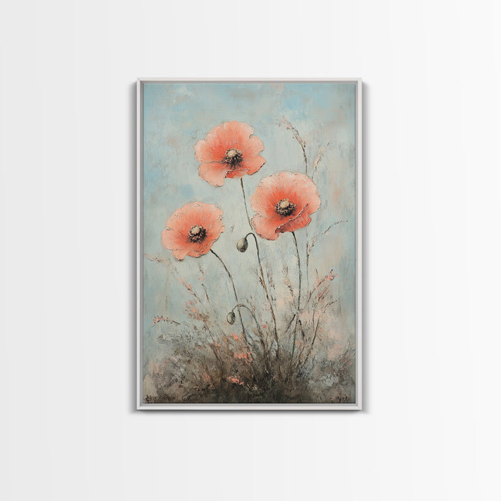 Coral Poppy Flowers On Blue Background Wall Art, Botanical Canvas Print, Floral Wall Decor For Bedroom Home Decor Gift For Her