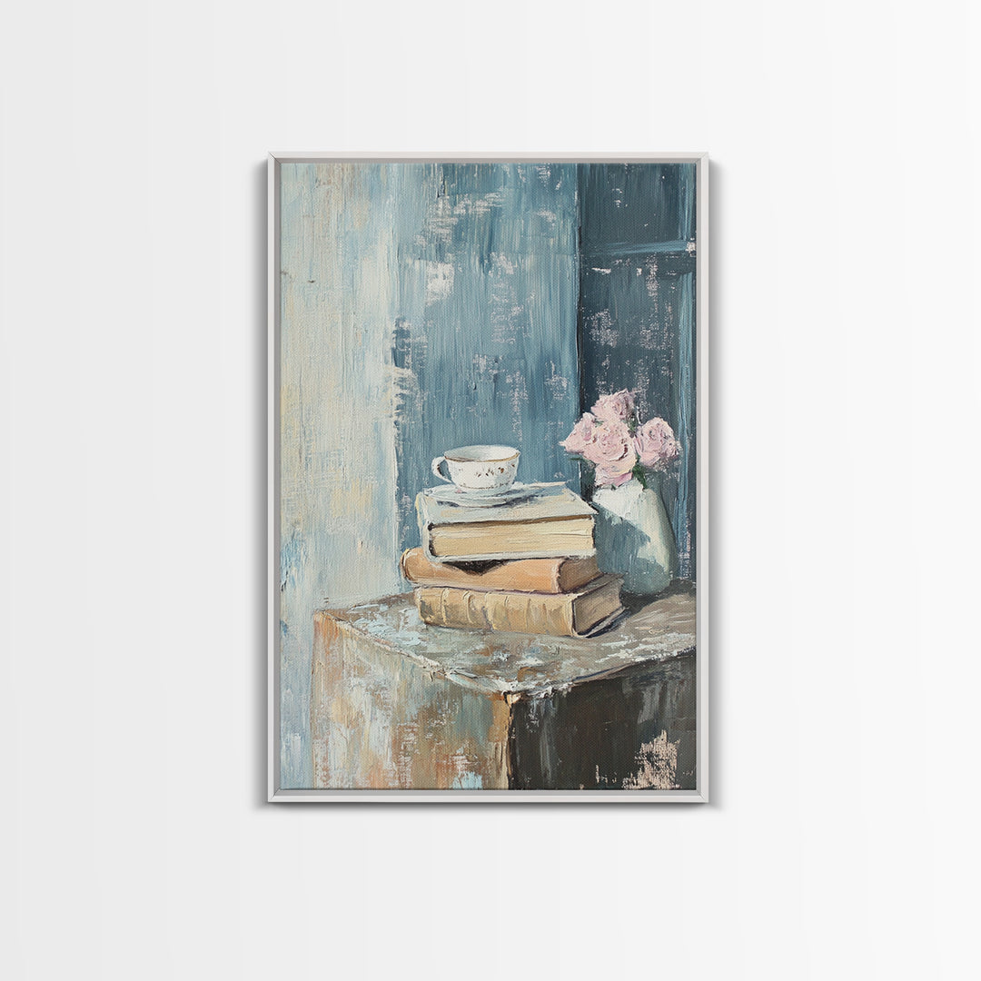 Stacked Books With Teacup And Pink Flowers Canvas Print, Cozy Reading Nook Wall Art, Library Home Decor Gift For Her
