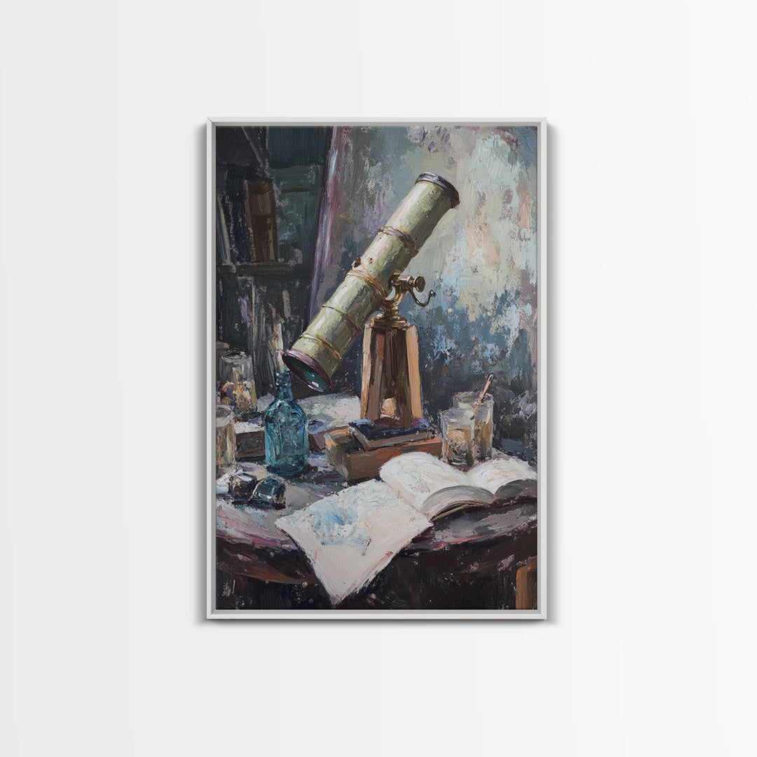 Antique Telescope Books And Open Journal Wall Art, Dark Academia Canvas Print, Astronomy Library Office Decor Gift For Him