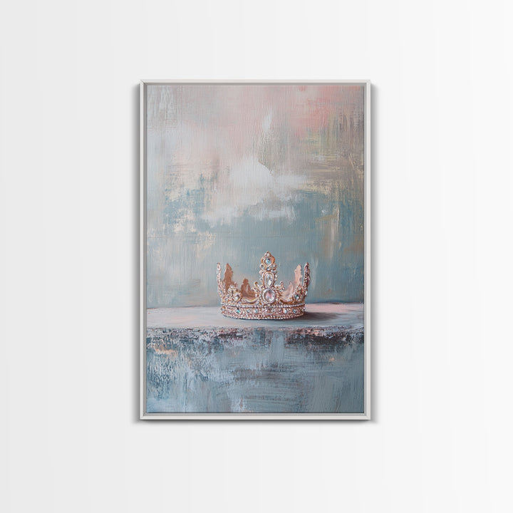 Jeweled Princess Crown Still Life Framed Canvas Print, Luxury Feminine Wall Art, Glam Bedroom Decor, Romantic Gift For Her