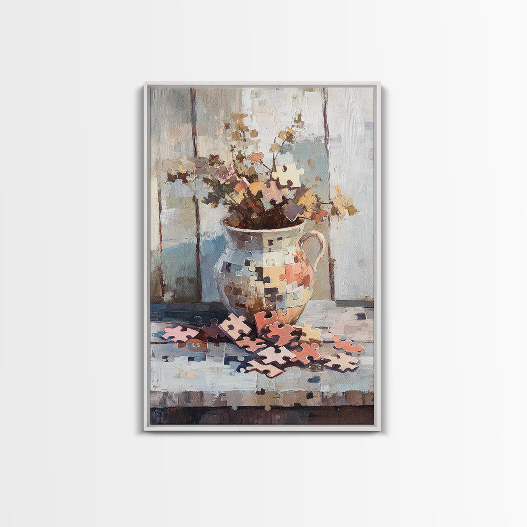 Puzzle Piece Bouquet In Ceramic Pitcher Canvas Print, Whimsical Wall Art, Unique Home Decor, Gallery Wall Art Gift For Her