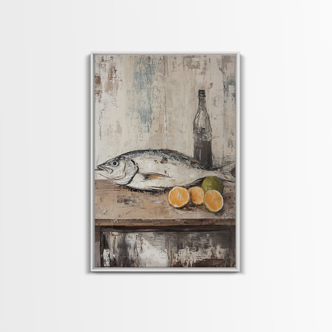 Fresh Fish With Citrus And Bottle Wall Art, Coastal Kitchen Canvas Print, Seafood Still Life, Rustic Dining Room Decor, Gift