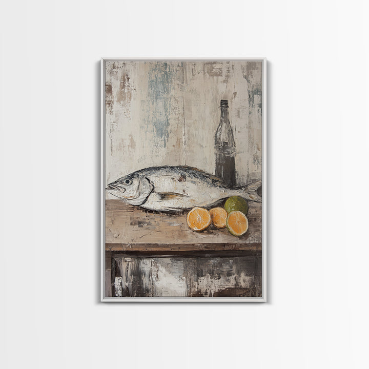 Fresh Fish With Citrus And Bottle Wall Art, Coastal Kitchen Canvas Print, Seafood Still Life, Rustic Dining Room Decor, Gift