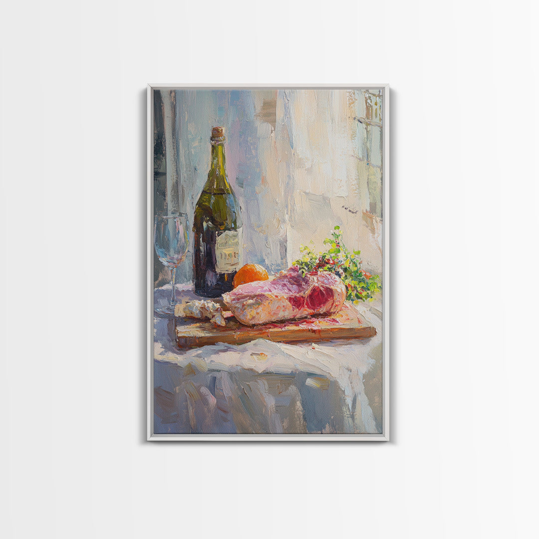 Wine Bottle And Steak Still Life Wall Art, French Kitchen Canvas Print, Dining Room Decor, Food Lover Gift, Rustic Home Decor