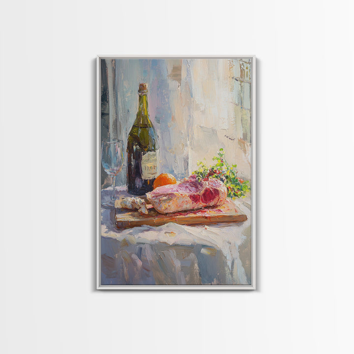 Wine Bottle And Steak Still Life Wall Art, French Kitchen Canvas Print, Dining Room Decor, Food Lover Gift, Rustic Home Decor